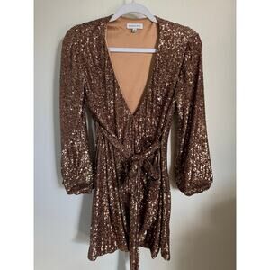 Gianni Bini Full Sequin Cocktail‎ Dress Brown Rust Size XS Puff Sleeve Tie Front